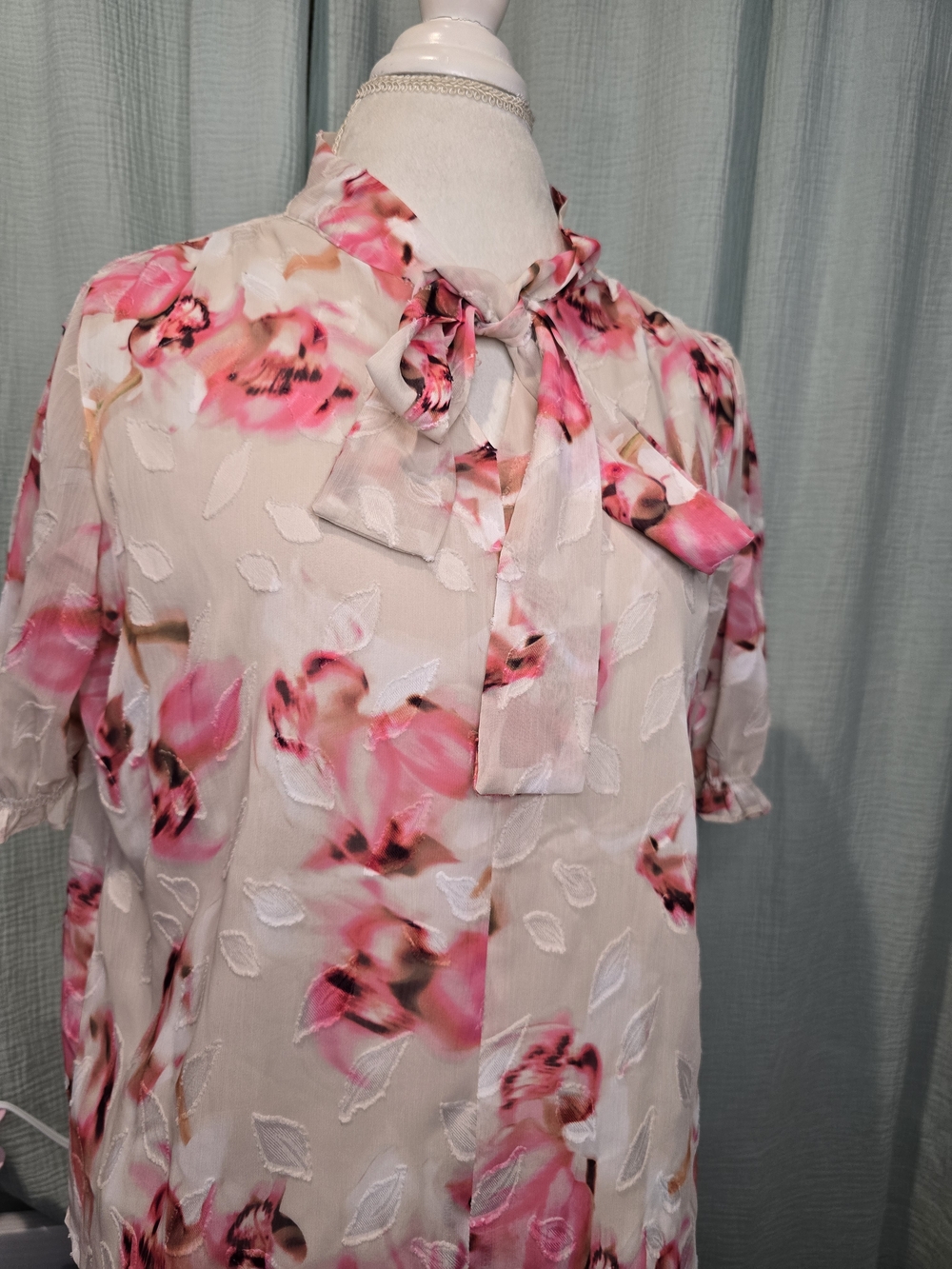Calvin Klein Pink and Cream Floral Tie-Neck Blouse